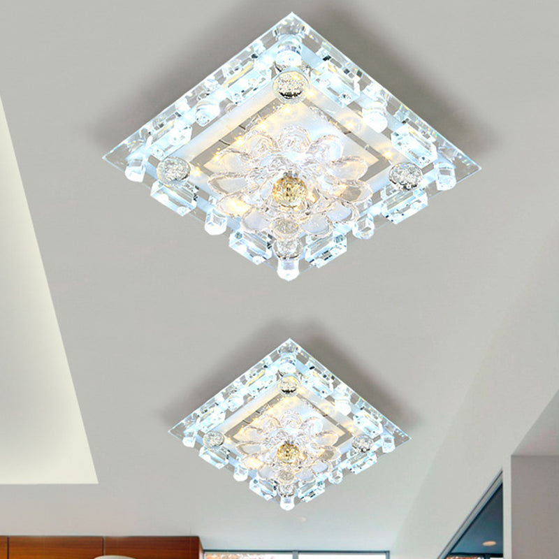 Modern Flush Mount LED Ceiling Light with Clear Crystal Square Design and Scalloped Shade in Warm/White Lighting