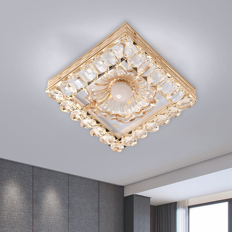 Gold LED Crystal Ceiling Lamp: Minimal Round/Square Design with Flower Shade