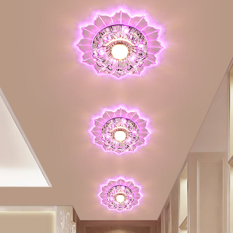 Modern LED Flush Mount Ceiling Light with Clear Crystal Flower Design, Available in Warm/Blue/Pink