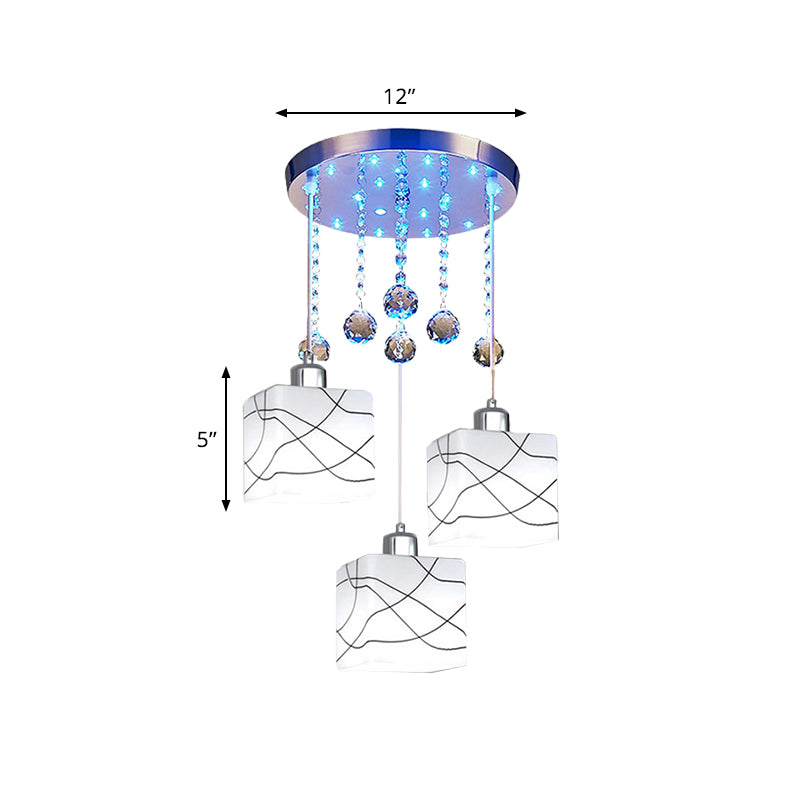 White Minimal Crystal Orb Square Pendant Lamp With 3 Lights & Round Canopy