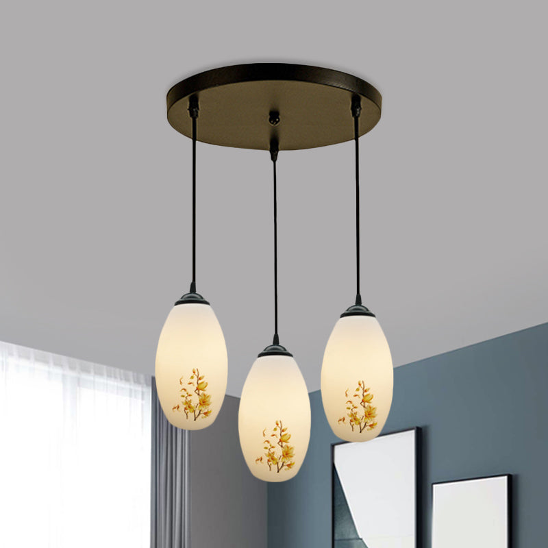 Frosted White Glass Pendant Lamp With Flower Pattern - 3 Bulbs / A Round