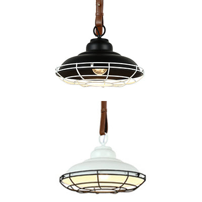 Vintage Bowl Shade Pendant Light With Wire Guard And Leather Strap