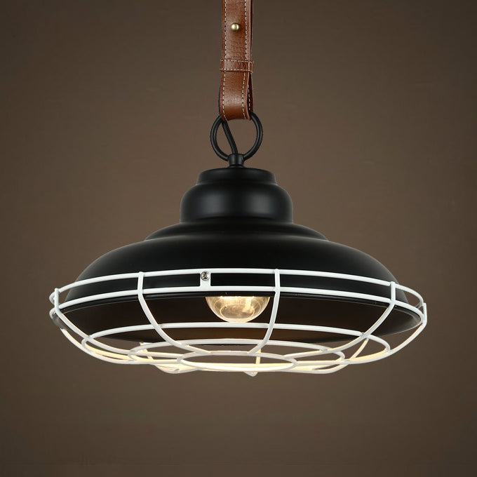 Vintage Bowl Shade Pendant Light with Wire Guard and Leather Strap in Black/White