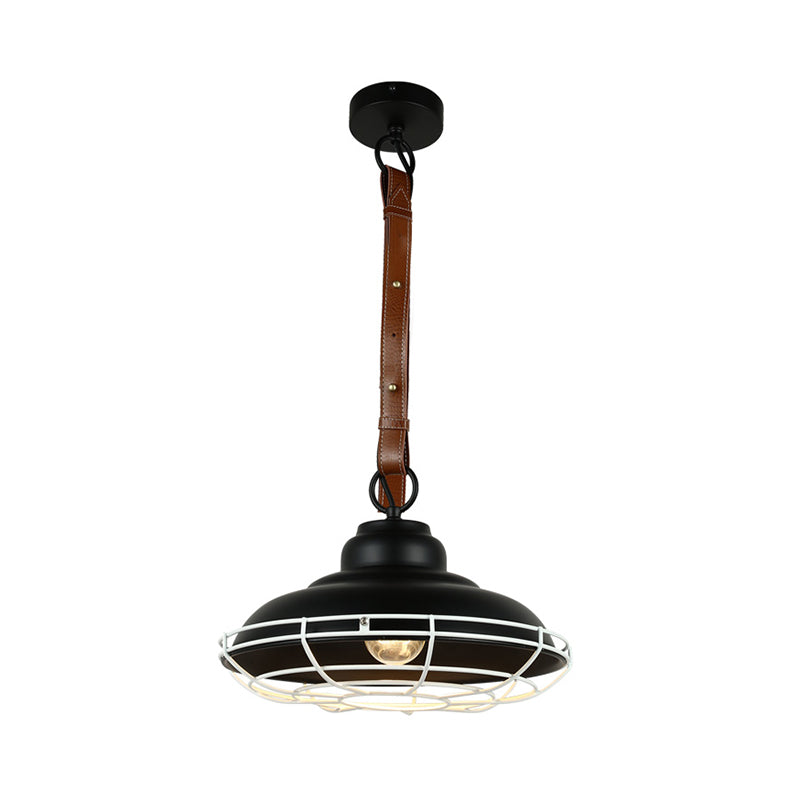Vintage Bowl Shade Pendant Light with Wire Guard and Leather Strap in Black/White