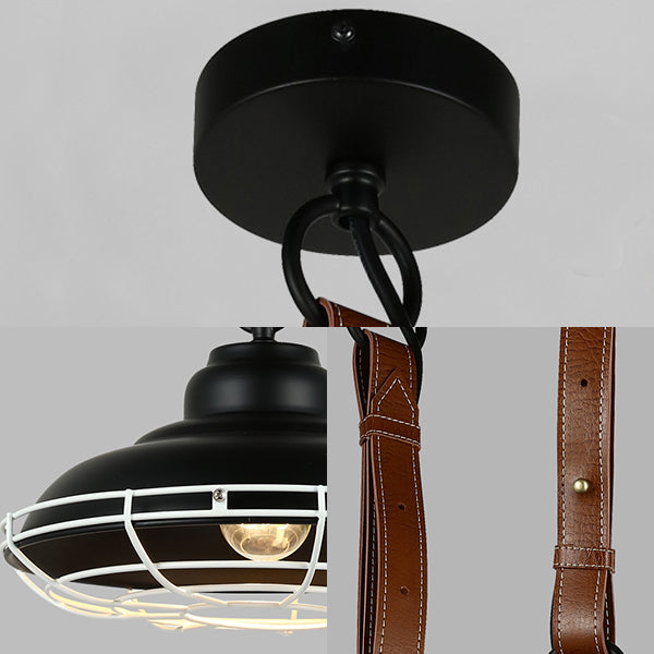 Vintage Bowl Shade Pendant Light with Wire Guard and Leather Strap in Black/White