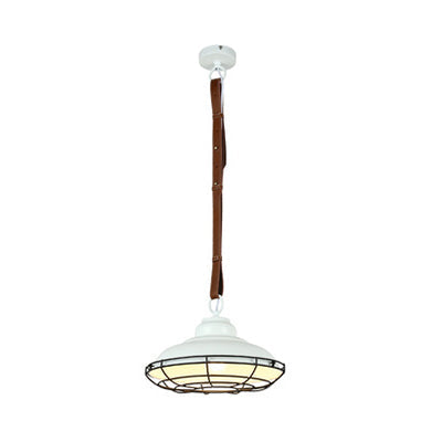 Vintage Bowl Shade Pendant Light with Wire Guard and Leather Strap in Black/White