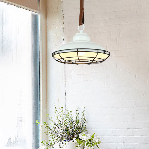 Vintage Bowl Shade Pendant Light with Wire Guard and Leather Strap in Black/White