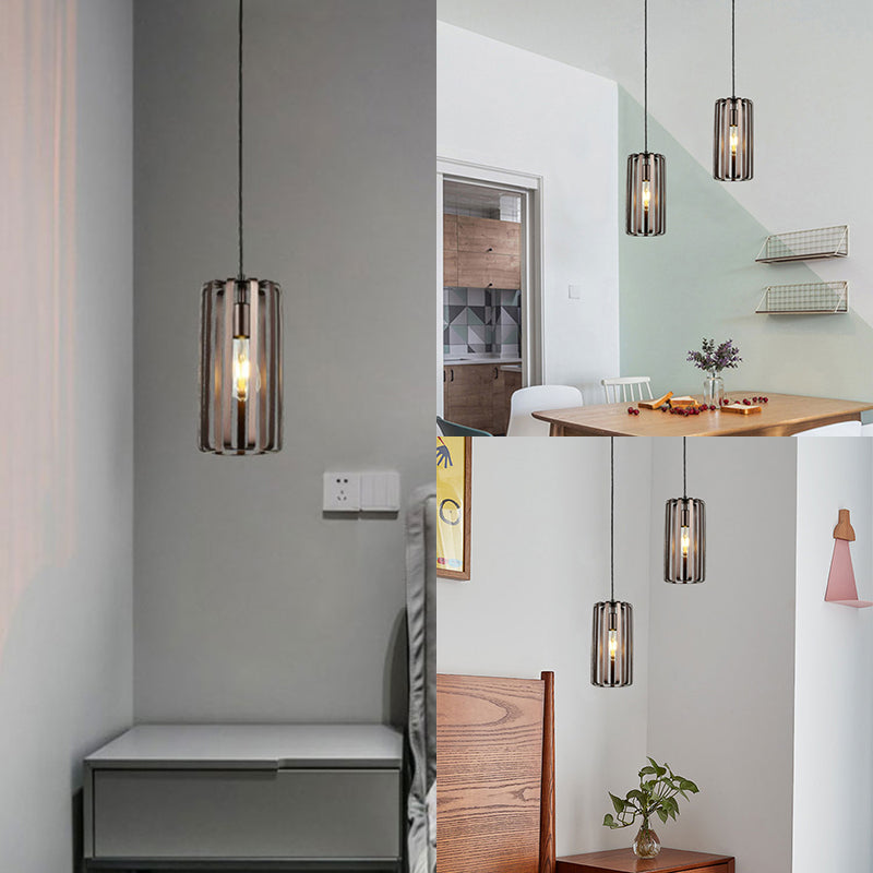 Industrial 1-Light Cylinder Metal Pendant Lamp with Wire Frame in Bronze for Dining Room - Available in 6"/10"/16" Width