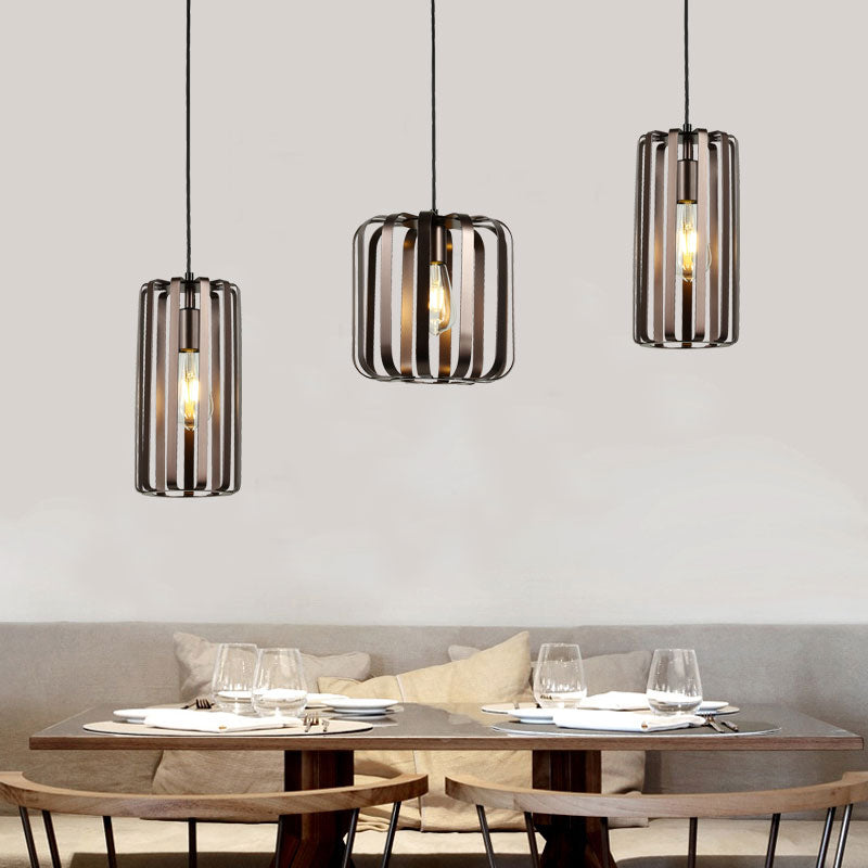 Industrial 1-Light Cylinder Metal Pendant Lamp with Wire Frame in Bronze for Dining Room - Available in 6"/10"/16" Width
