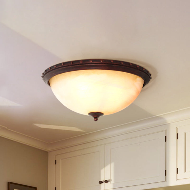 Traditional Opal Glass Bowl Flush Light Fixture - 2-Head Foyer Ceiling Flush Mount (Brown)
