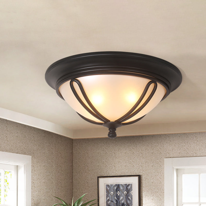 Antique Milk Glass Flush Mount Light with Metal Cage Frame - Black Finish, 4 Bulb Flush Lamp