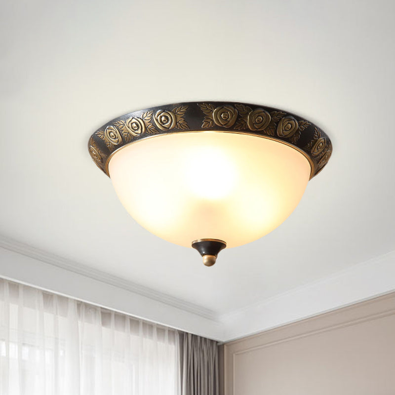 Black Milk Glass Ceiling Lamp with Leaf/Flower Trim - Traditional 3-Head Flush Mount