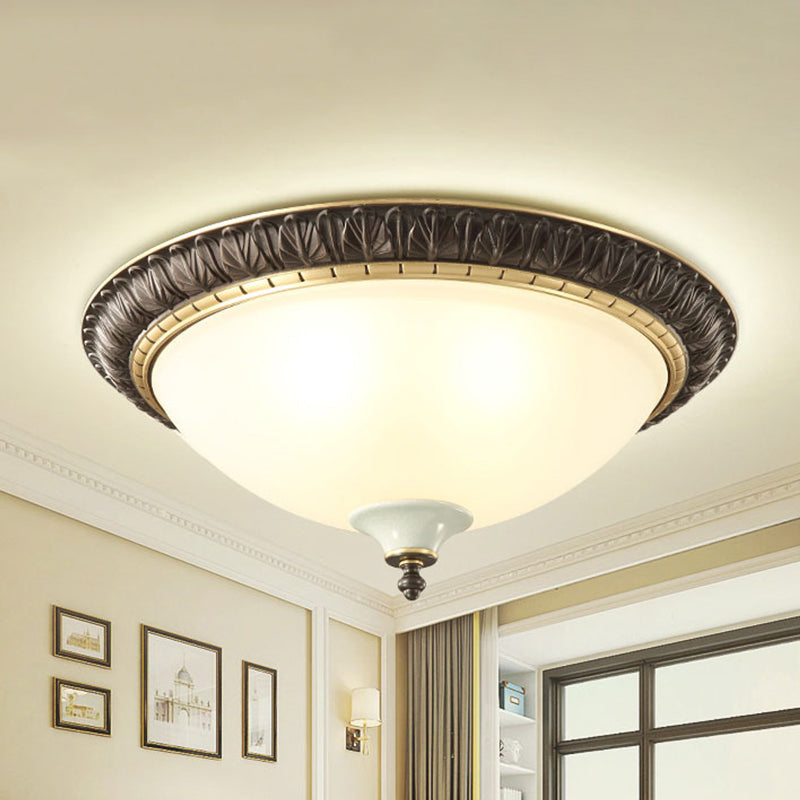 Black Milk Glass Ceiling Lamp with Leaf/Flower Trim - Traditional 3-Head Flush Mount