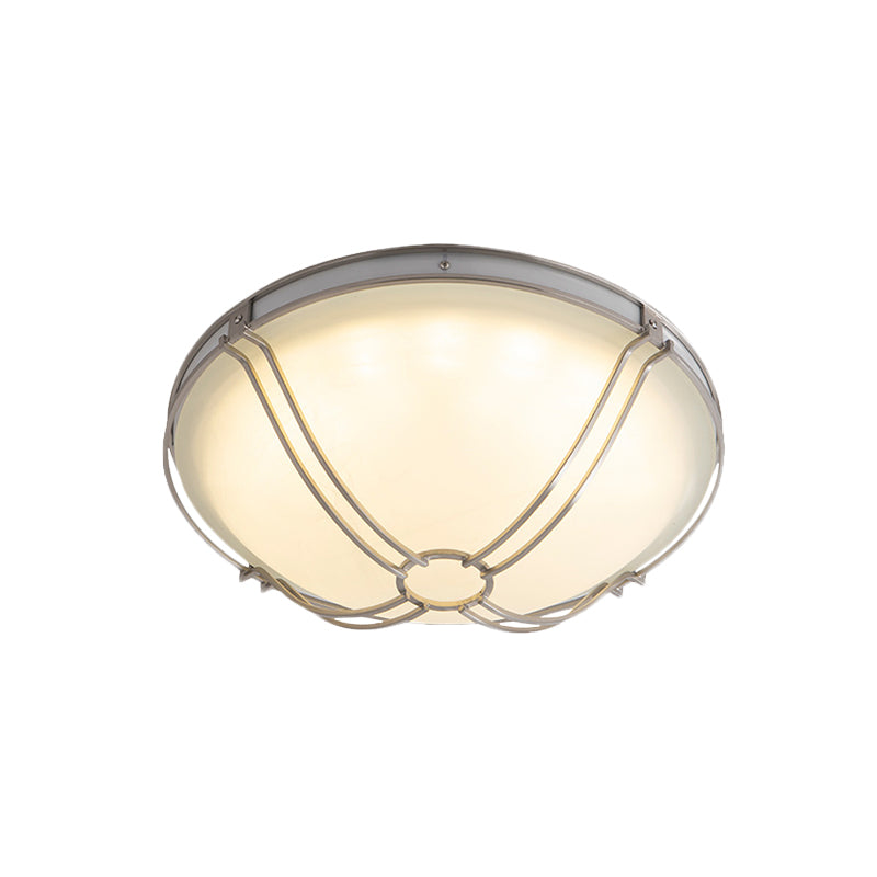 LED White Glass Flush Mount Ceiling Light with Metal Cage - Country Dome Fixture