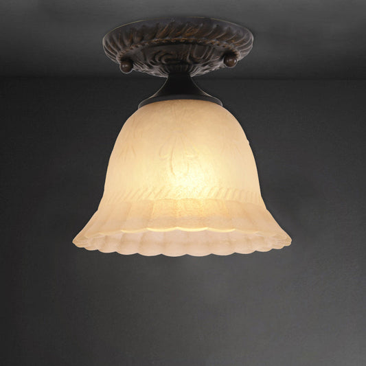 Rustic Ribbed Glass Bell Semi Flush Light with 1-Bulb, Black Finish
