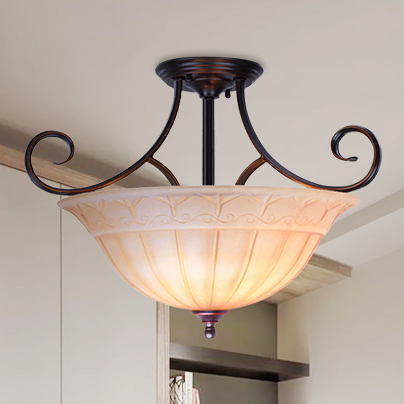 Vasque de salle à manger traditionnelle en verre dépoli, montage semi-encastré avec 3 têtes noires et bras à volutes