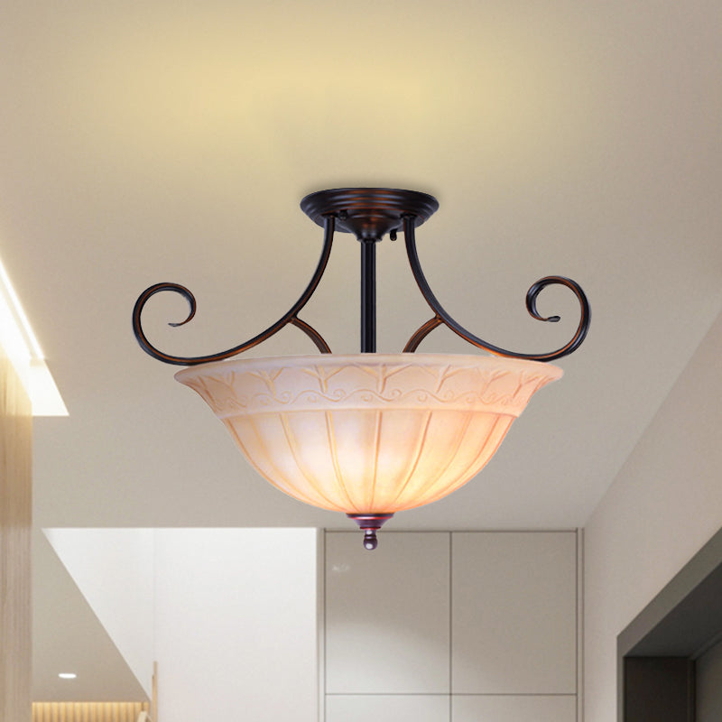 Vasque de salle à manger traditionnelle en verre dépoli, montage semi-encastré avec 3 têtes noires et bras à volutes