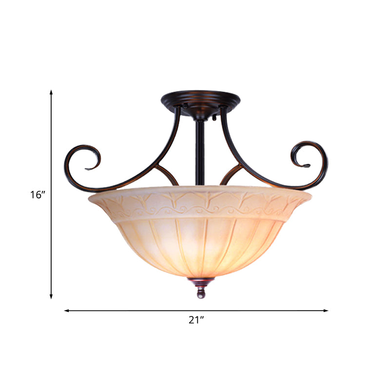 Vasque de salle à manger traditionnelle en verre dépoli, montage semi-encastré avec 3 têtes noires et bras à volutes