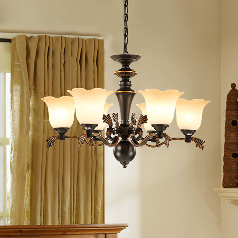 Vintage Floral Frosted Glass Chandelier - 6-Bulb Hanging Light Up Ceiling Suspension Black Finish