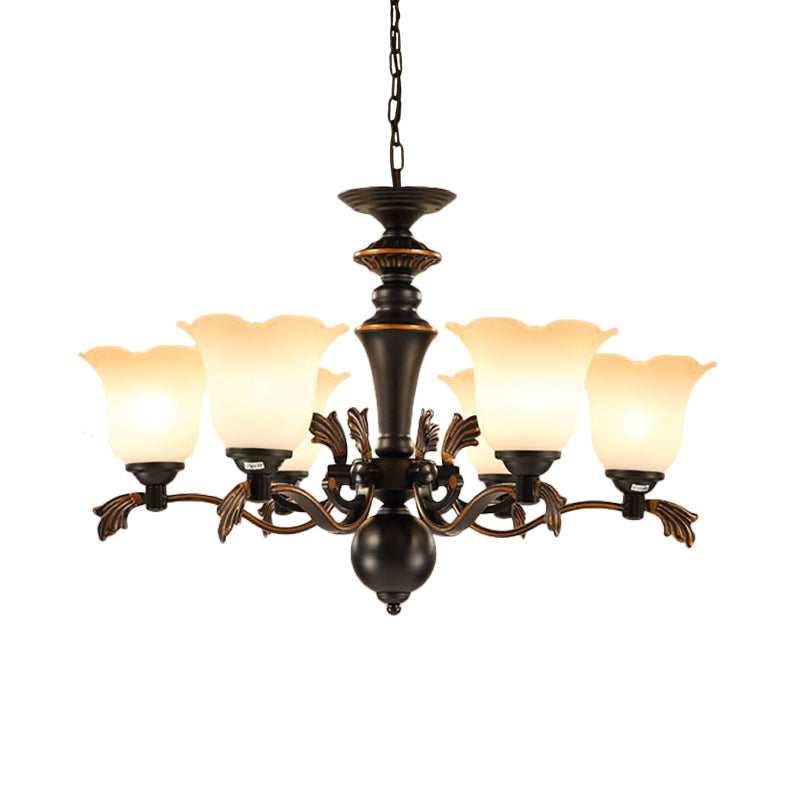 Vintage Floral Frosted Glass Chandelier - 6-Bulb Hanging Light Up Ceiling Suspension Black Finish