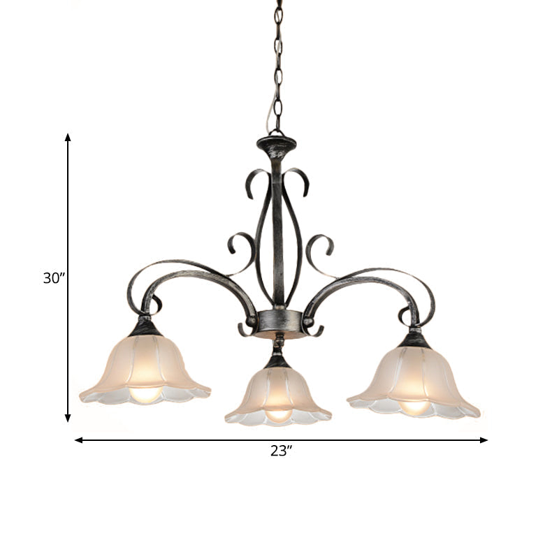 Vintage Silver Floral Pendant Chandelier - Translucent Glass 3-Head Living Room Lamp Fixture