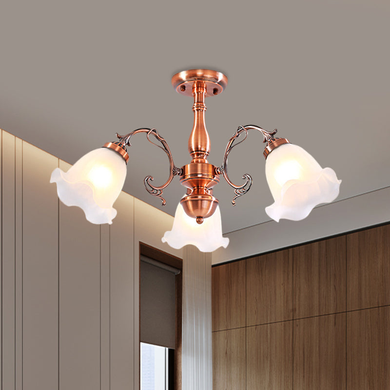 Country Cream Glass Flower Shape Semi Flush Mount Lamp - Copper Lighting (3/5/8 Lights)