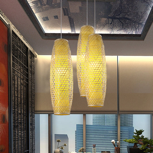 1-Head Bamboo Pendant Asian Ceiling Lamp - Hanging Suspension 2 Layers Beige