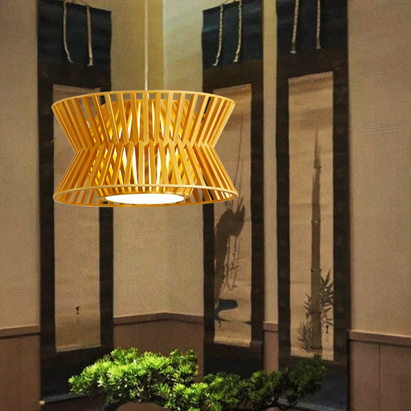 Curvaceous Asian Wood Pendant Light - Beige Suspended Lighting Fixture (1-Light 16/19.5 Wide) / 16