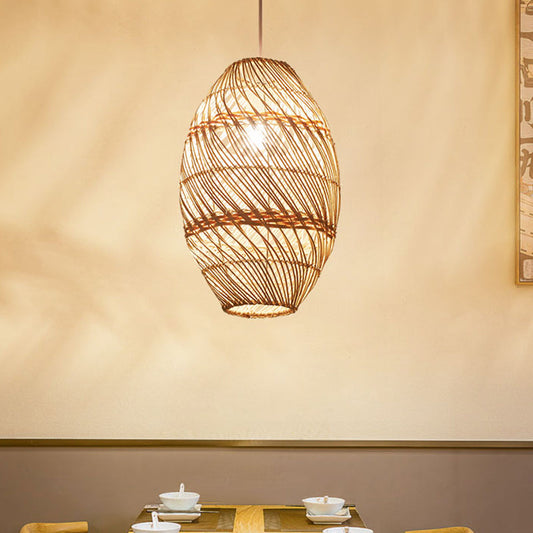 Asian Bamboo Rattan Oval Pendant Lamp Kit - Tea Room Lighting Wood