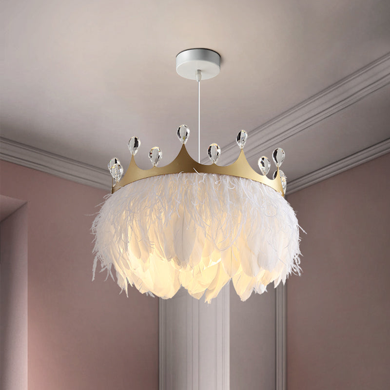 Bronte- Crown Crown Feather Pendant Light Nordic 1 Head Gold Hanging Lamp with Clear Crystal Accent