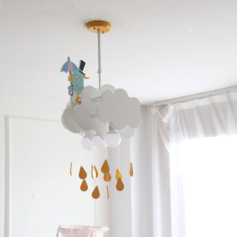 Kids White Pendant Light With Cloud And Birds Wood Shade - Bedroom Ceiling Hanging
