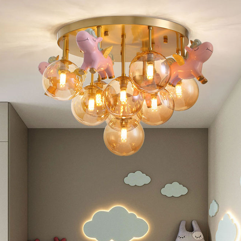 Gold Metal Cartoon Pony Semi-Flush Mount Lamp with Amber Glass Shades - 9 Head Macaron Ceiling Light Fixture