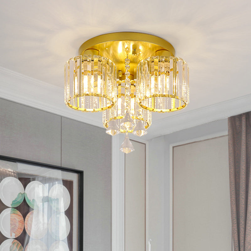 Mid Century Gold Finish Cylindrical Crystal Prism Flush Mount Chandelier - 3/5 Heads