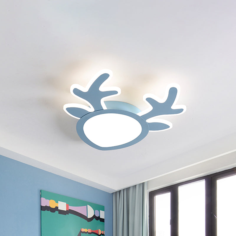 Macaroon Pink/Blue LED Children's Bedroom Ceiling Light - Antler Iron Flush Mount Lamp