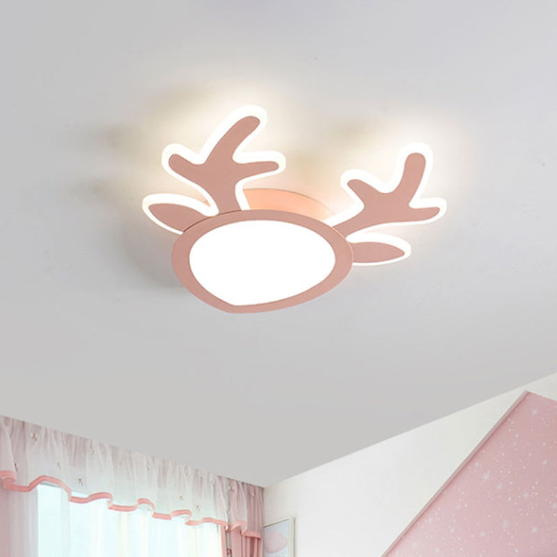 Macaroon Pink/Blue LED Children's Bedroom Ceiling Light - Antler Iron Flush Mount Lamp