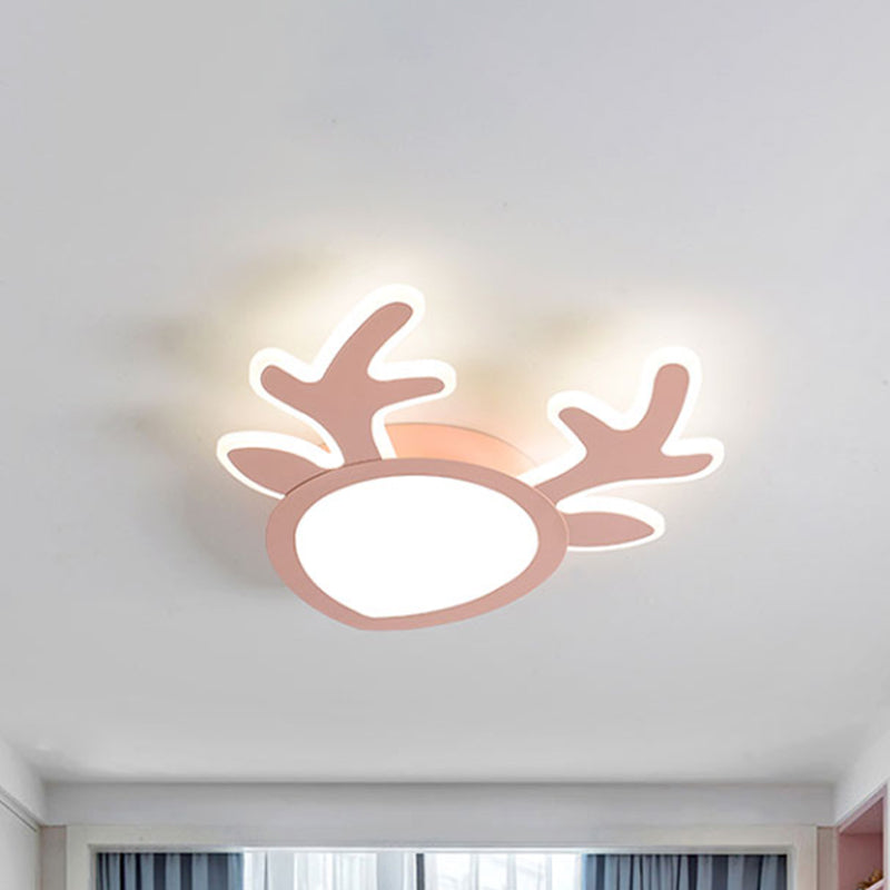 Macaroon Pink/Blue LED Children's Bedroom Ceiling Light - Antler Iron Flush Mount Lamp
