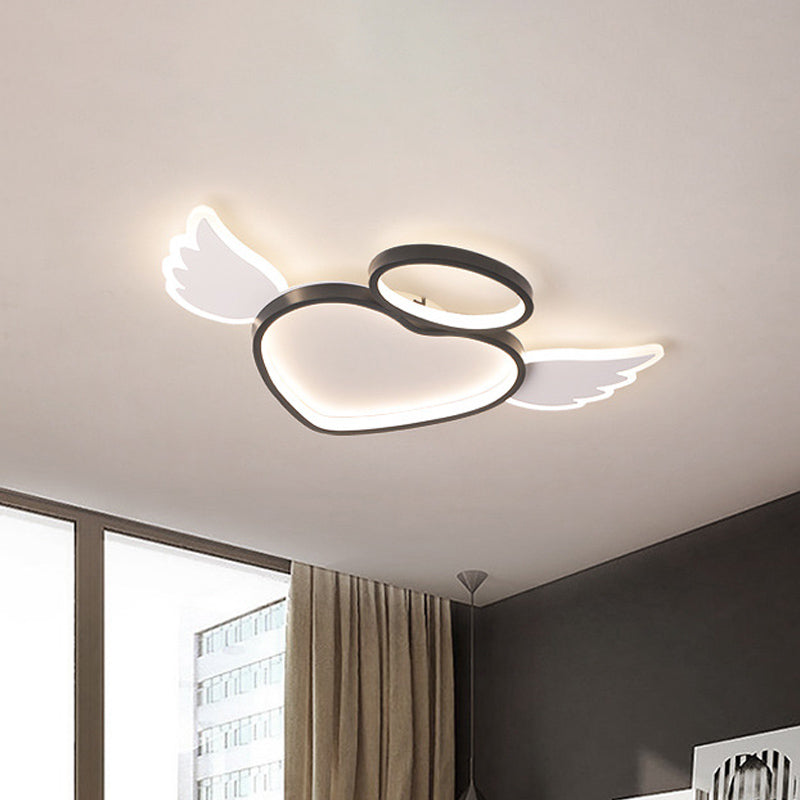 Black Heart with Wing LED Ceiling Fixture: Nordic Acrylic Flush Mount Lighting for Bedroom (Warm/White Light)