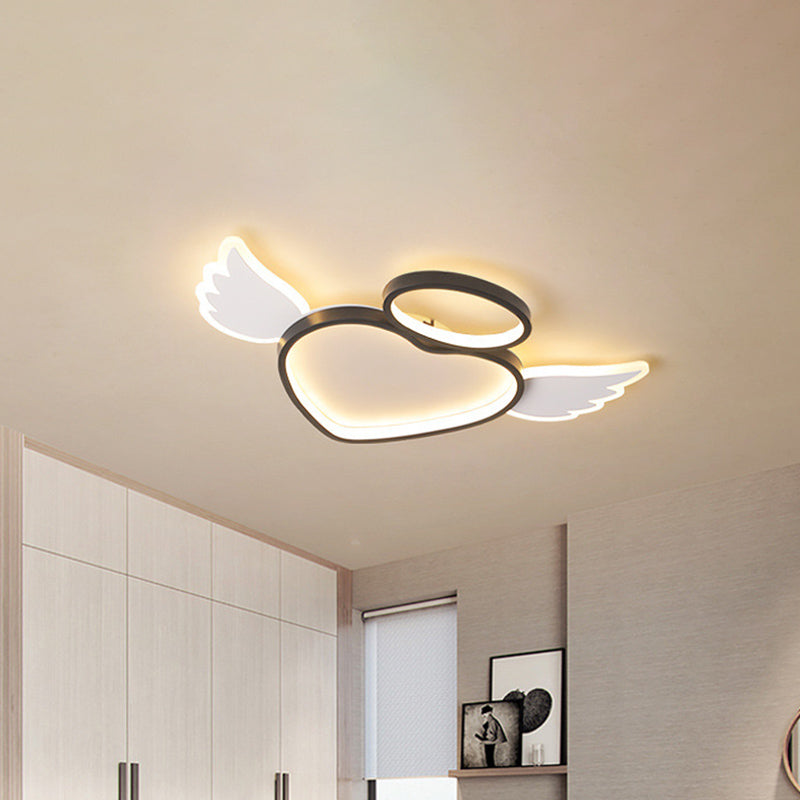 Black Heart with Wing LED Ceiling Fixture: Nordic Acrylic Flush Mount Lighting for Bedroom (Warm/White Light)