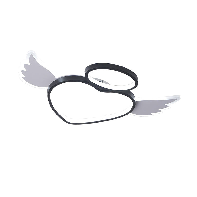Black Heart with Wing LED Ceiling Fixture: Nordic Acrylic Flush Mount Lighting for Bedroom (Warm/White Light)
