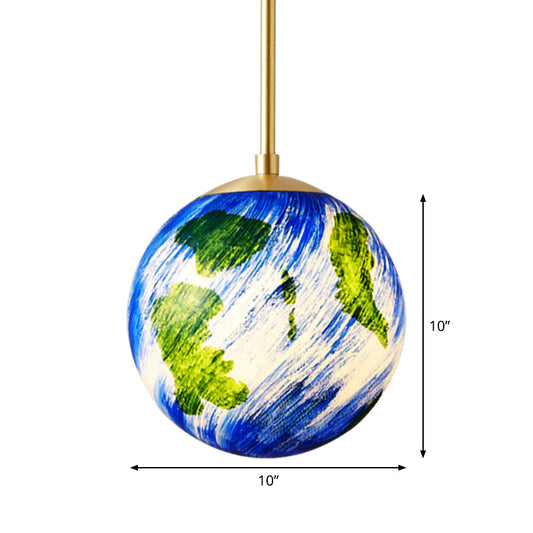 Cartoon Brass Pendulum Lamp With Blue Glass Shade - 1 Light Bedside Suspension 6/10 Wide