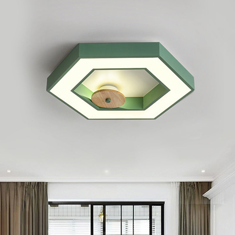 Hexagon Frame Metallic LED Macaron Flush Mount Ceiling Lighting in Green/Grey/Black and Wood for Bedroom