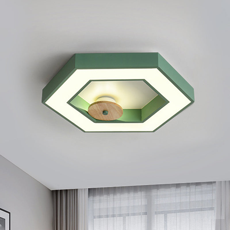 Hexagon Frame Metallic LED Macaron Flush Mount Ceiling Lighting in Green/Grey/Black and Wood for Bedroom