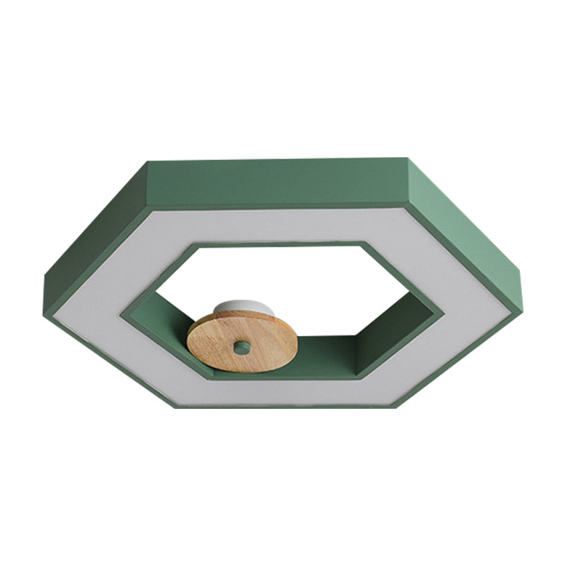 Hexagon Frame Metallic LED Macaron Flush Mount Ceiling Lighting in Green/Grey/Black and Wood for Bedroom