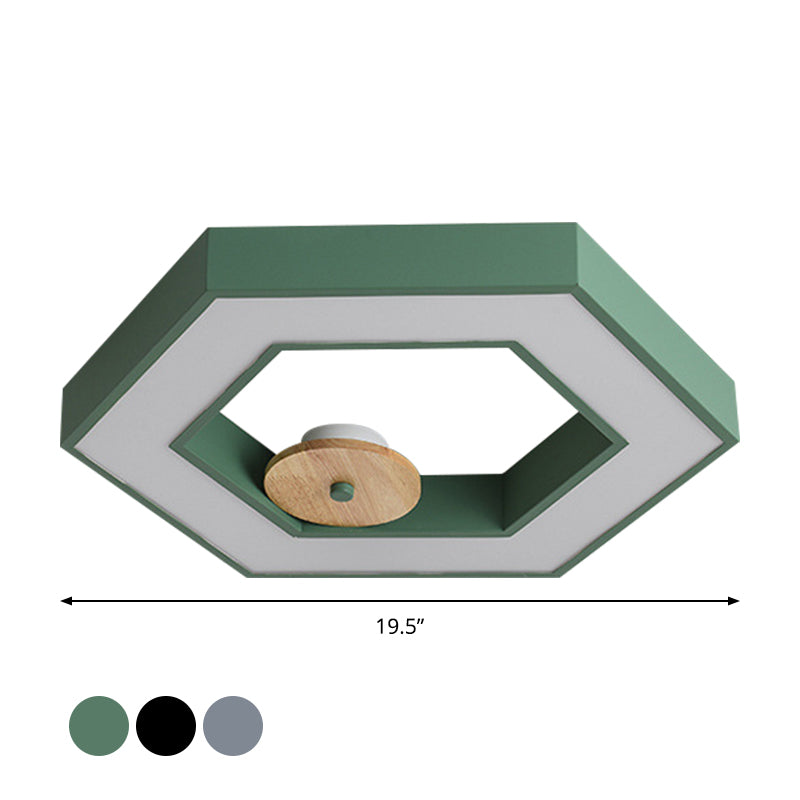 Hexagon Frame Metallic LED Macaron Flush Mount Ceiling Lighting in Green/Grey/Black and Wood for Bedroom