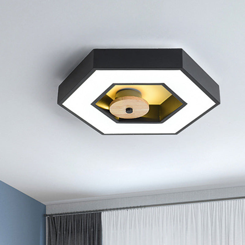 Hexagon Frame Metallic LED Macaron Flush Mount Ceiling Lighting in Green/Grey/Black and Wood for Bedroom