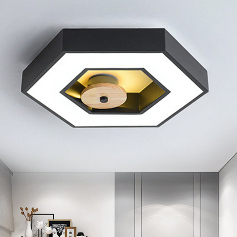 Hexagon Frame Metallic LED Macaron Flush Mount Ceiling Lighting in Green/Grey/Black and Wood for Bedroom