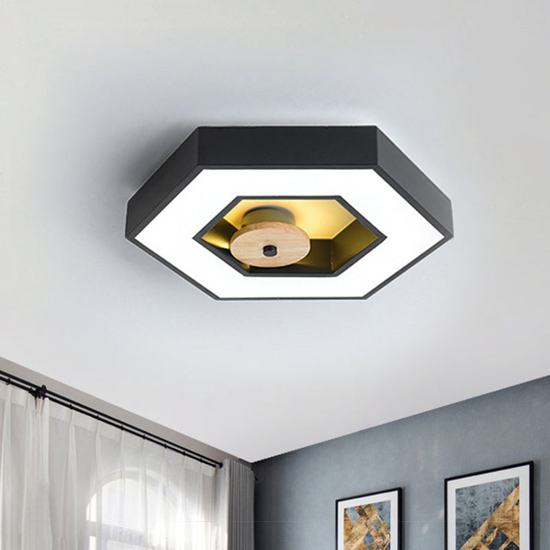 Hexagon Frame Metallic LED Macaron Flush Mount Ceiling Lighting in Green/Grey/Black and Wood for Bedroom