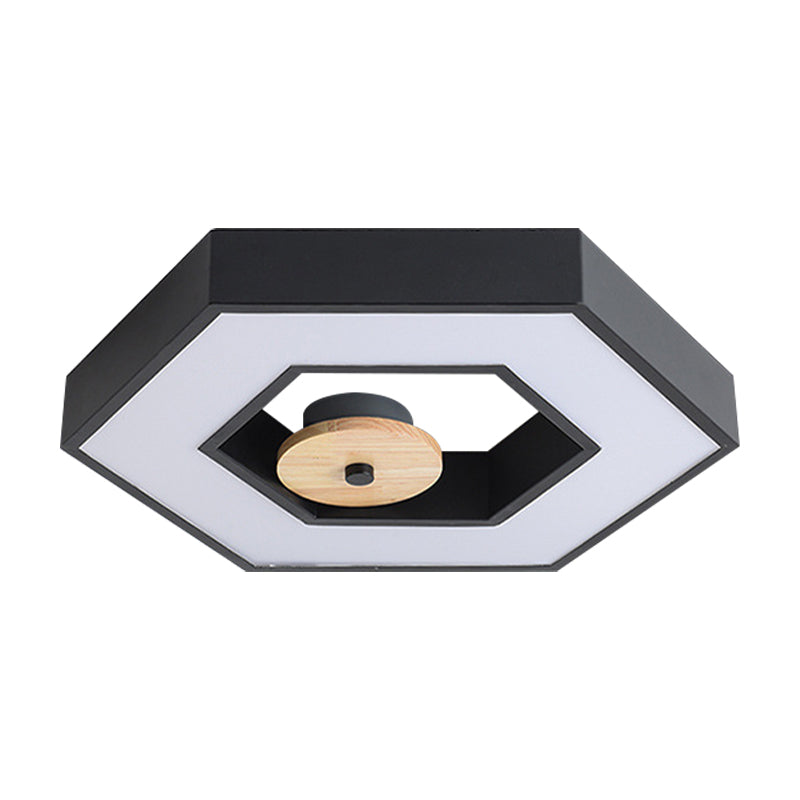 Hexagon Frame Metallic LED Macaron Flush Mount Ceiling Lighting in Green/Grey/Black and Wood for Bedroom