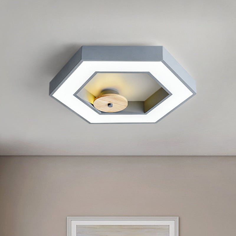 Hexagon Frame Metallic LED Macaron Flush Mount Ceiling Lighting in Green/Grey/Black and Wood for Bedroom