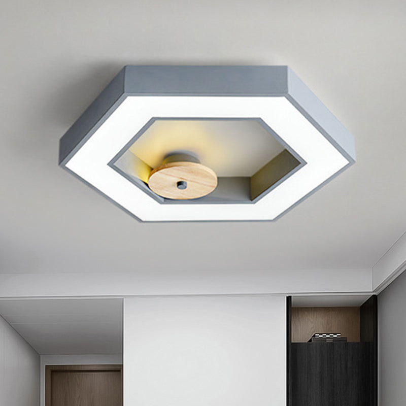 Hexagon Frame Metallic LED Macaron Flush Mount Ceiling Lighting in Green/Grey/Black and Wood for Bedroom